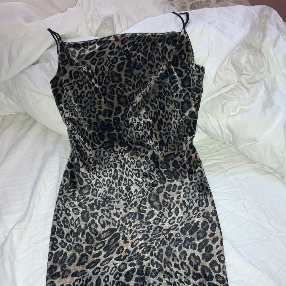 Velvet leopard print dress with lace back detail